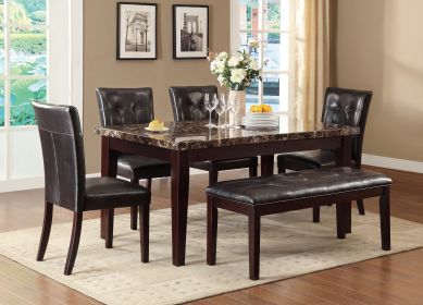 Espresso Finish 6pc Dining Set Faux Marble Top Table Bench Button-Tufted 4 Side Chairs Casual Transitional Dining Furniture