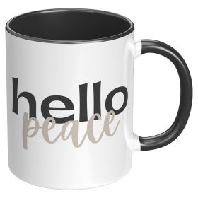 Coffee Cup, Accent Ceramic Mug 11oz, Hello Peace Black Taupe