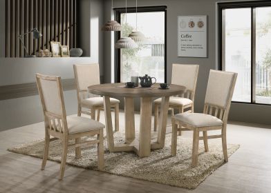 Brutus Vintage Walnut 5 Piece 47" Wide Contemporary Round Dining Table Set with Wheat Colored Fabric Chairs