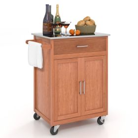 Wooden Kitchen Rolling Storage Cabinet with Stainless Steel Top (Color: As pictures show)