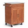 Wooden Kitchen Rolling Storage Cabinet with Stainless Steel Top